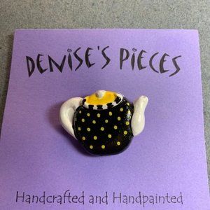 Tea Pot Pin Brooch Black White Yellow Polka Dot Plaster Handmade Hand Painted